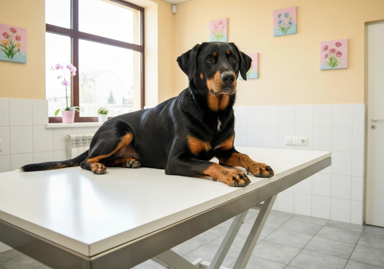 Beauceron at a veterinary checkup