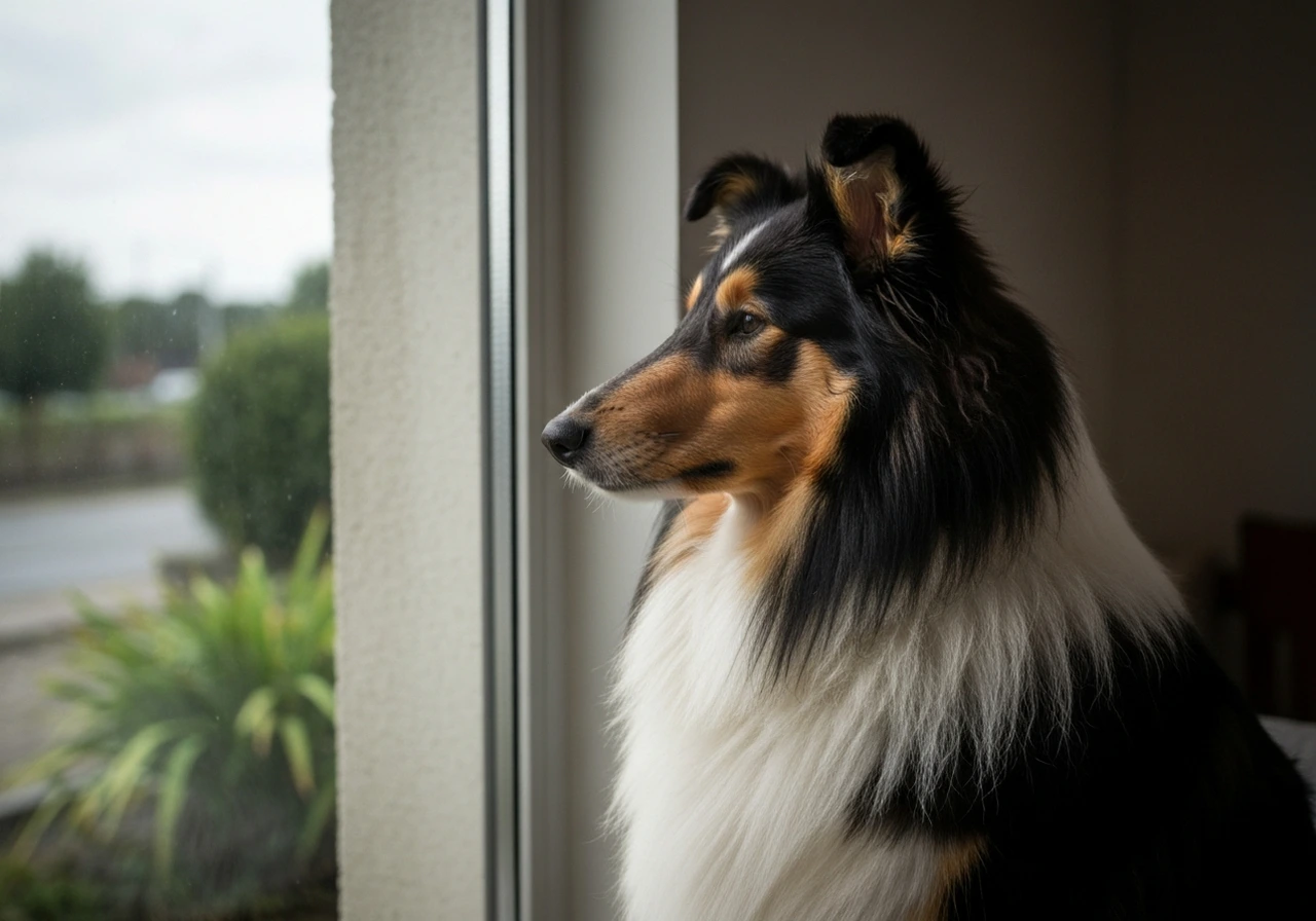 Collie with family indoors
