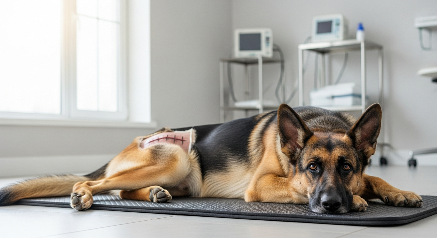 German Shepherd recovering comfortably after orthopedic surgery in a veterinary rehabilitation setting