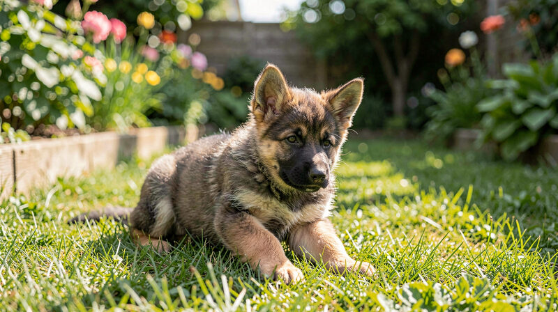 German Shepherd puppy playing on grass in a sunny garden