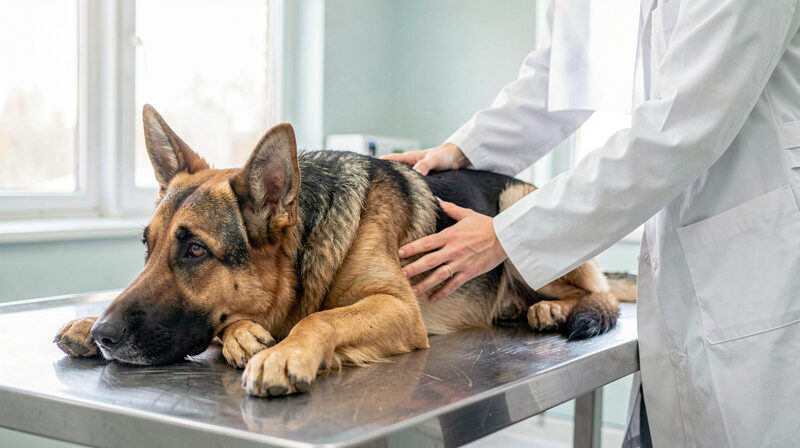 German Shepherd examined on a veterinary table for hindquarter pain
