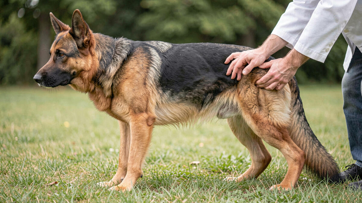 German Shepherd standing in profile while a veterinarian examines its hip joint outdoors