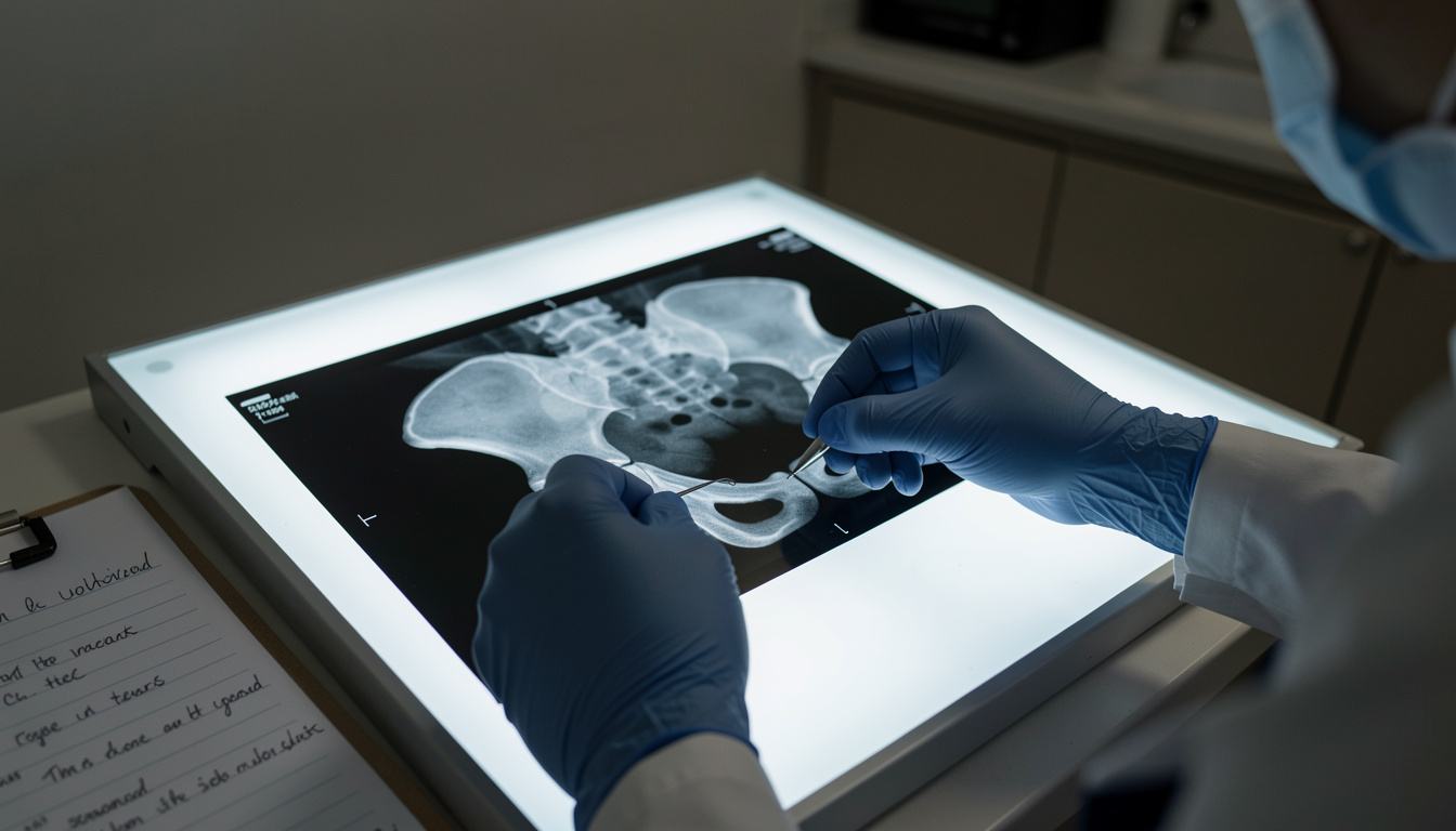 A veterinary radiograph of a dog's pelvis displayed on a lightbox in a dim clinic room, with a technician's gloved hand adjusting the film and a clipboard of notes visible at the edge of the frame.
