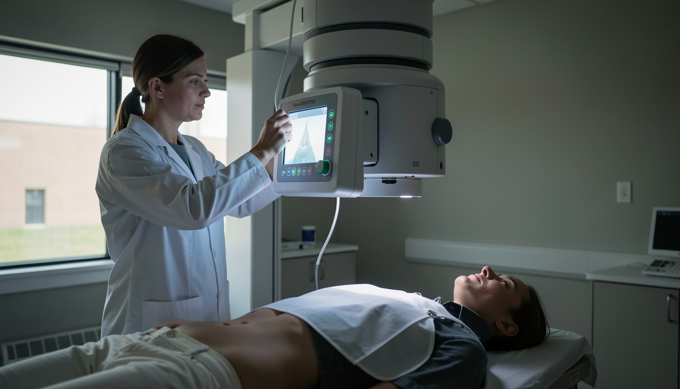 A radiographer in a dimly lit room adjusts a large X-ray machine above a patient lying on a table, with a glowing control panel and a lead apron hanging nearby.