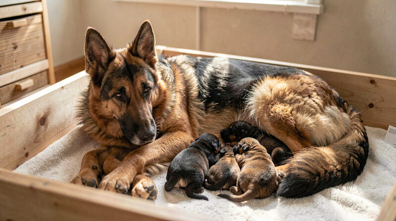 German Shepherd mother nursing newborn puppies in a whelping box
