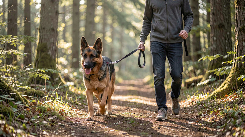 German Shepherd walking on a loose leash with its owner on a forest trail