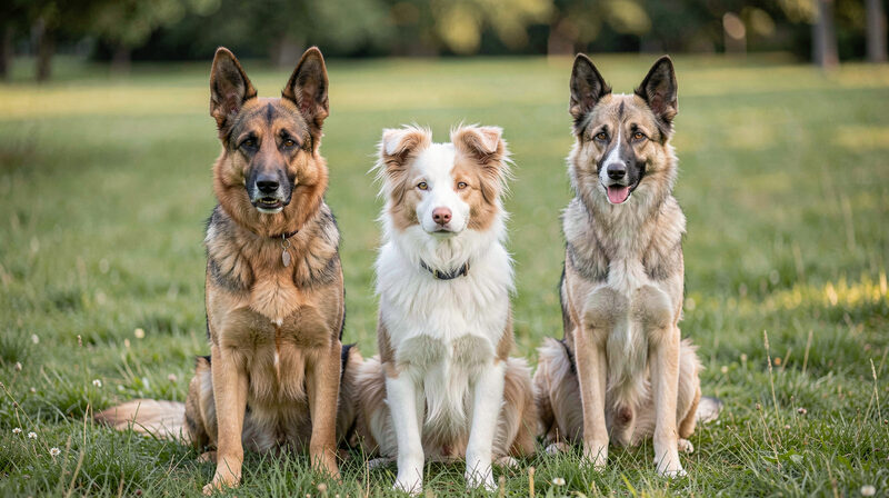 German Shepherd Australian Shepherd and Belgian Malinois sitting side by side on grass