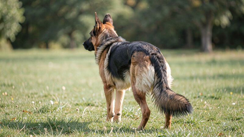 German Shepherd hindquarters and hind legs photographed from behind on grass