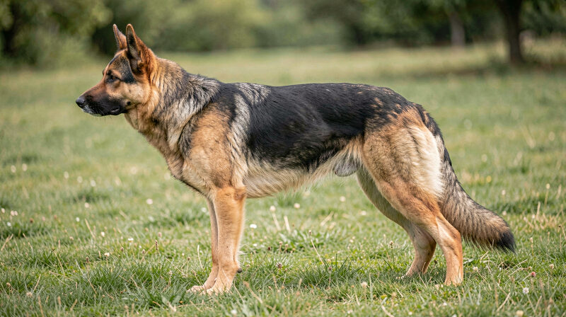 Lean German Shepherd in profile showing healthy body condition on grass
