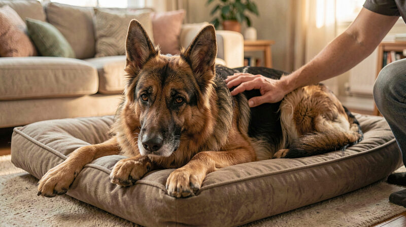 Senior German Shepherd resting on an orthopedic bed at home