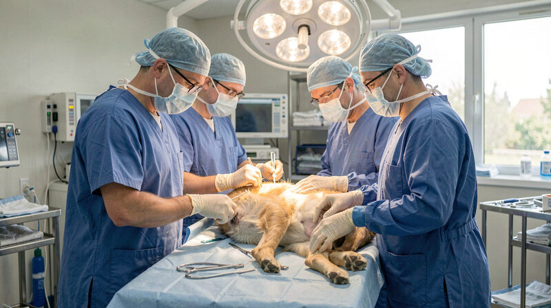 Veterinary orthopedic surgery team operating under surgical lights
