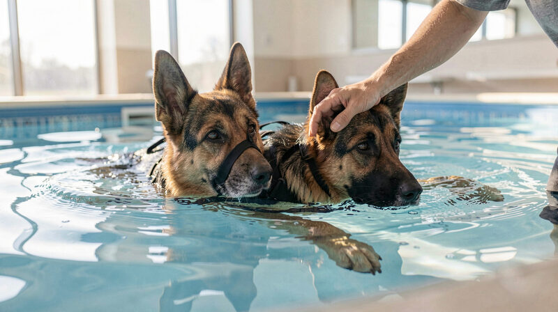German Shepherd swimming in a rehabilitation pool with a support harness