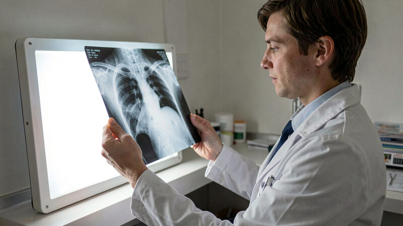 Veterinarian examining a canine hip radiograph on a clinic lightbox